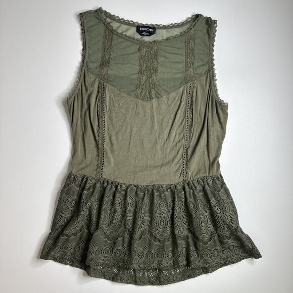 Bebe Olive Green Lace Mesh Peplum Tank M Fairy Grunge Goth Romantic Y2K Camisole - Picture 3 of 11